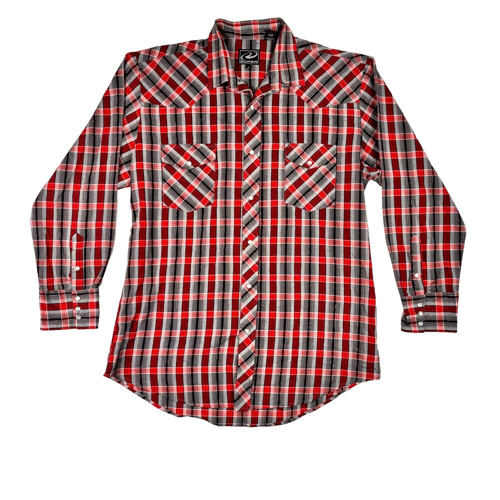 Roper Shirt Mens XL Red Plaid Snap Button Up Western Cowboy Casual Flashy Thread